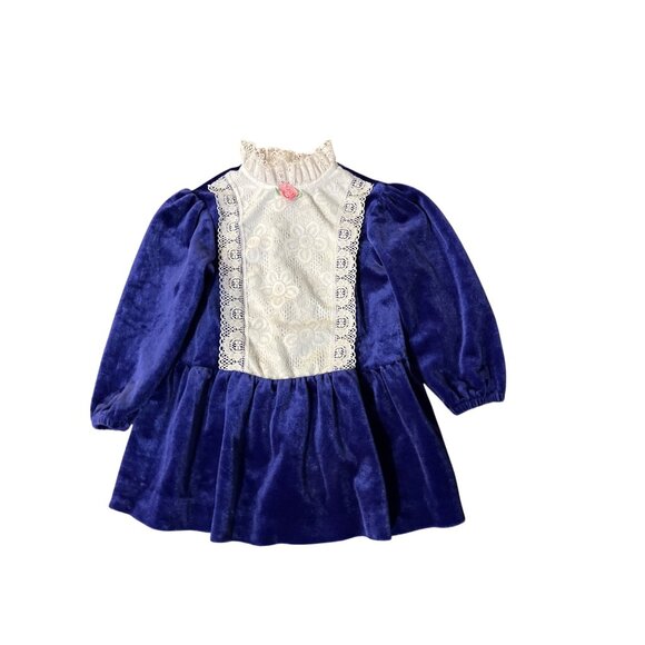 Vintage Toddler Girls 4T Blue Velvet Lace Dress Long Sleeve Party Holiday Used - Picture 12 of 16